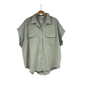 She & Sky Light Green Short Sleeve Linen Blend Button Up Loose Fit Shirt Size 2X